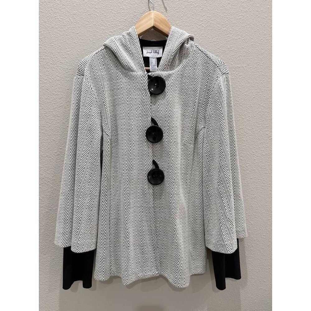 Joseph Ribkoff Herringbone Hooded Jacket Trapeze Coat Oversized Buttons Size 12